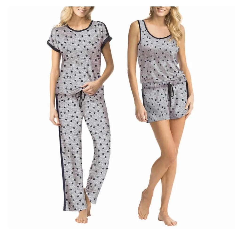 Lucky Brand Pajama Set Womens XL Gray Stars 4 Pieces T Shirt Tank Top Pant Short - Picture 4 of 5